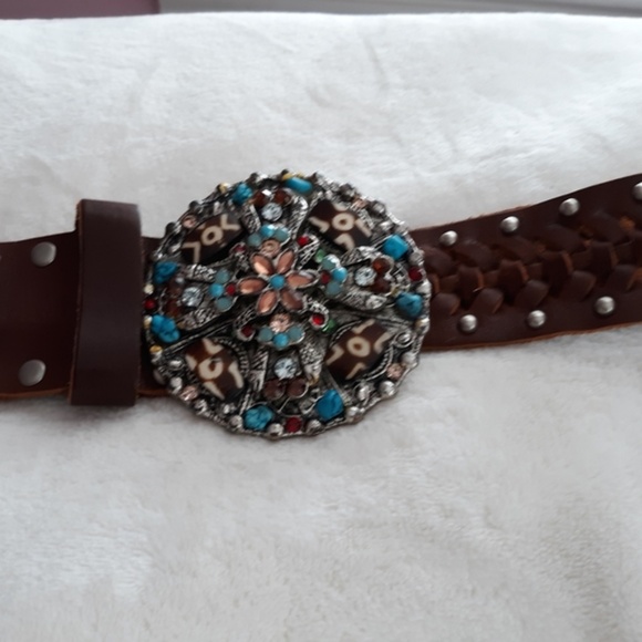 Leatherock Bejeweled Buckle Braided Leather Belt - Picture 5 of 5